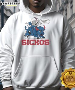 Cartoon hoodie featuring a humorous Buffalo Bills NFL design for dedicated fans and football sickos.