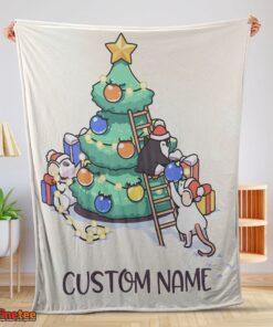 Nice Cute Mice & Penguin Cartoon Christmas Tree Blanket Fleece Customized Blanket