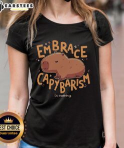 Nice Embrace Capybarism Do Nothing Ladies Tee featuring a relaxed capybara design on a stylish women's t-shirt.