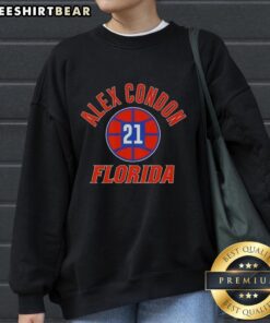 Alt Text: Florida Gators basketball sweatshirt featuring Alex Condon's name and number 21, perfect for fans and athletes.