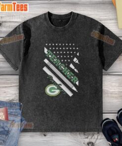 Alt Text: Nice Green Bay Packers football t-shirt featuring an American flag design, perfect for fans and teachers alike.