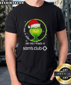 Grinch Christmas T-shirt with 'I Used To Smile And Then I Worked At Sam's Club' slogan, perfect for holiday cheer.