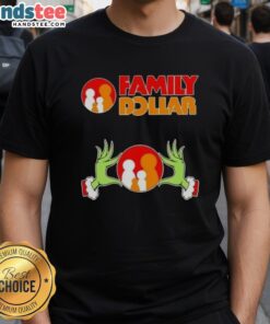Nice Grinch hands holding hearts on a Family Dollar Christmas T-shirt, perfect for holiday family gatherings.