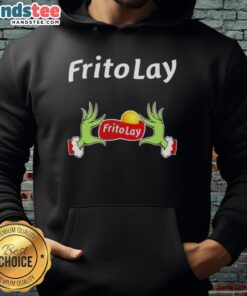 Festive Grinch hands holding Frito Lay snacks, wearing a Christmas hoodie, perfect for holiday celebrations and cozy vibes.