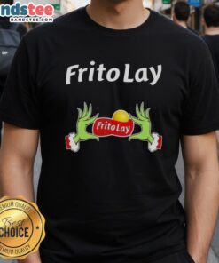 Nice Grinch hands holding Frito Lay Christmas T-Shirt, perfect for festive holiday celebrations and Grinch-themed parties.