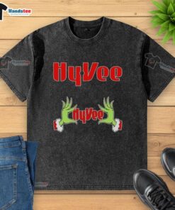 Nice Grinch Hands Love Hy-Vee Christmas washed t-shirt featuring festive design perfect for holiday celebrations.