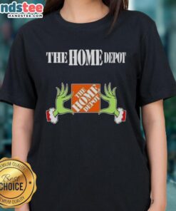 Alt Text: Nice Grinch hands on a Christmas ladies tee from The Home Depot, perfect for festive holiday celebrations.