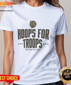 Alt Text: Ladies tee featuring Boston Celtics logo for Nice Hoops for Troops basketball charity event, perfect for fans.