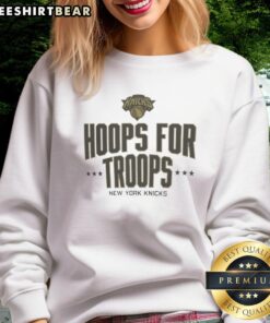 Nice Hoops for Troops New York Knicks basketball sweatshirt featuring team colors and logo, perfect for fans.