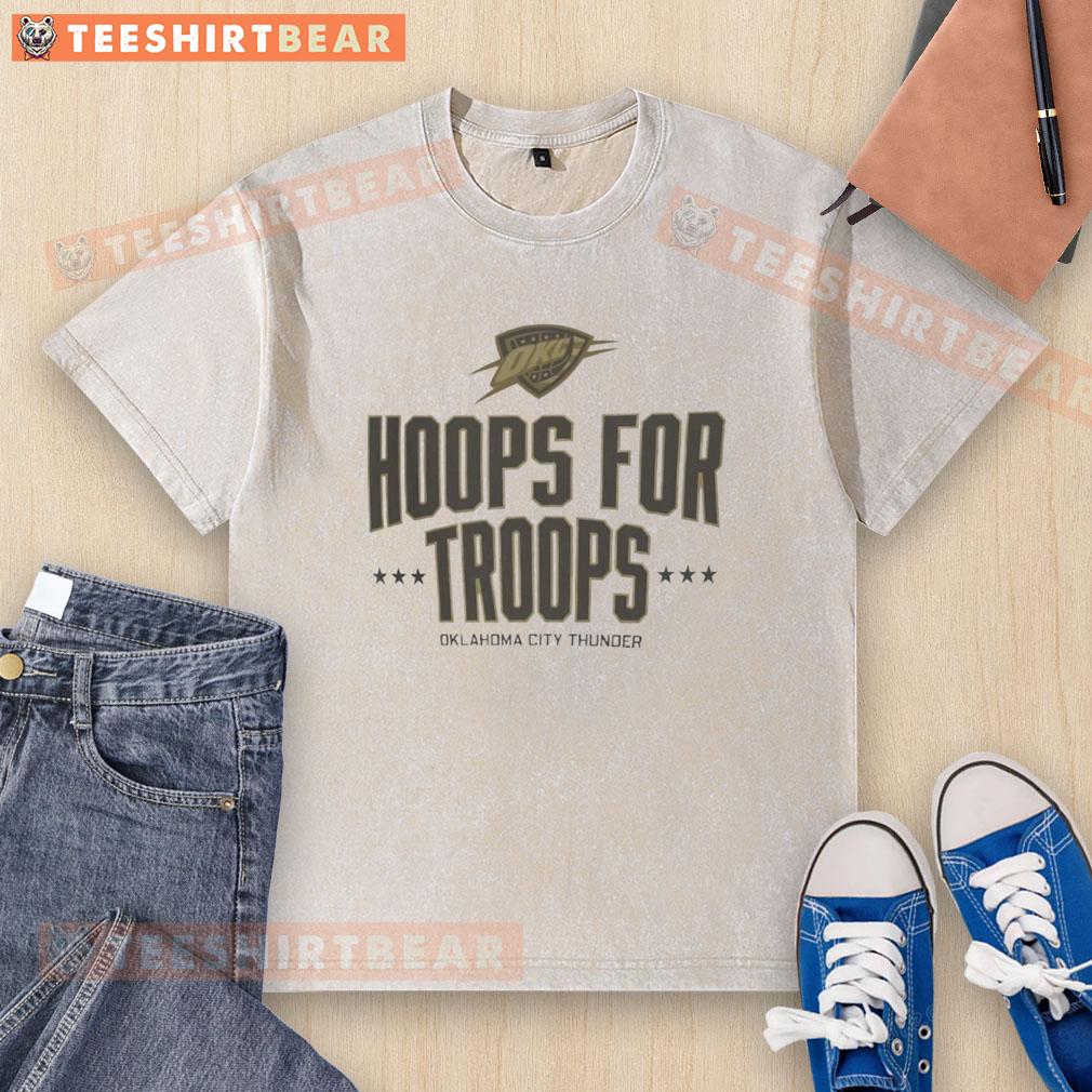 nice-hoops-for-troops-oklahoma-city-thunder-basketball-washed-t-shirt Mens Oklahoma City Thunder basketball washed t-shirt featuring 'Nice Hoops for Troops' design, perfect for fans.