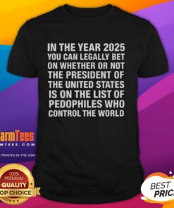 2026 T-shirt design featuring a controversial statement about the U.S. President and a list of pedophiles.