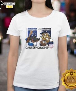 Alt Text: 2025 National Championship tee featuring Los Angeles Dodgers vs Milwaukee Brewers mascots, perfect for ladies.