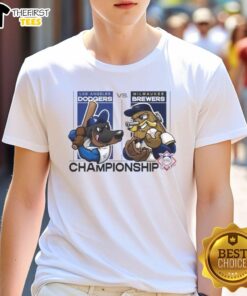 2025 Los Angeles Dodgers vs Milwaukee Brewers National Championship mascot T-shirt featuring vibrant team graphics.