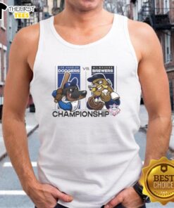 Los Angeles Dodgers vs Milwaukee Brewers 2025 National Championship tank top featuring vibrant mascot design.