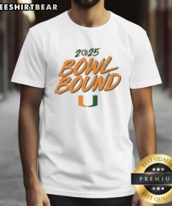 Nice Miami Hurricanes Football 2025 Bowl Bound T-Shirt featuring vibrant team colors and logo, perfect for fans.
