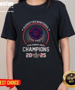Montreal Alouettes 2025 Grey Cup Champions ladies tee featuring the iconic city skyline design.