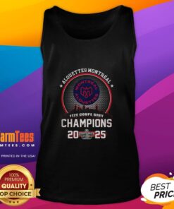 Montreal Alouettes 112E Grey Cup Champions 2025 tank top with Montreal skyline background, celebrating team pride.