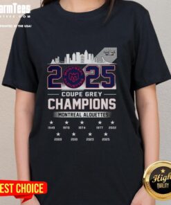 Alt Text: Montreal Alouettes Grey Cup Champions 2025 ladies tee featuring the city skyline design.