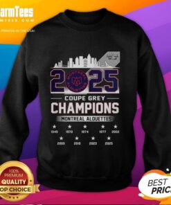 Montreal Alouettes Grey Cup Champions 2025 sweatshirt featuring the city skyline, perfect for fans and collectors.
