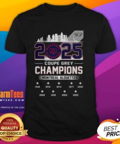 Montreal Alouettes Grey Cup Champions 2025 T-shirt featuring a vibrant city skyline design celebrating the team's victory.