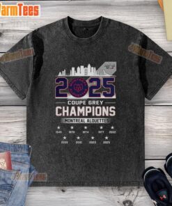 2025 Montreal Alouettes Grey Cup Champions t-shirt with city skyline design, showcasing team pride and style.