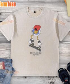 Skateboarding on Nice Moonstone Island with a washed t-shirt, showcasing vibrant colors and an energetic vibe.