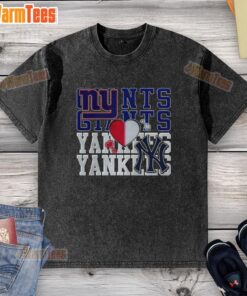 Nice New York Giants NFL and New York Yankees MLB sport lover washed t-shirt showcasing team logos and vibrant colors.