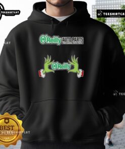 Nice O'Reilly Auto Parts X Grinch Hands Merry Christmas Hoodie featuring festive design for holiday season style.