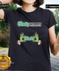 Nice O'Reilly Auto Parts X Grinch Hands Merry Christmas Ladies Tee featuring festive design and vibrant colors.