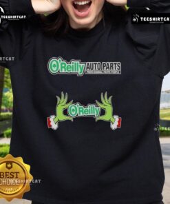 Nice O'Reilly Auto Parts X Grinch Hands Merry Christmas sweatshirt featuring festive design and colorful graphics.