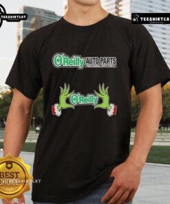 Alt Text: Nice O'Reilly Auto Parts X Grinch Hands Merry Christmas T-Shirt featuring festive Grinch-themed design for holiday cheer.