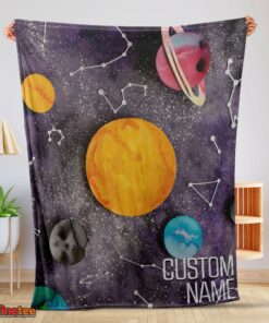 Nice Outer Space Galaxy Watercolor Planets & Stars Blanket Fleece Customized Blanket