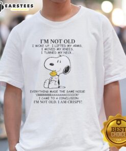 Alt Text: Nice Peanuts Snoopy T-Shirt with 'I'M Old I Woke Up I Lifted My Arms I Moved My Knees' Quote in playful font.
