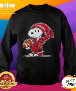 Alt Text: Snoopy wearing an Atlanta Falcons hoodie, smiling at fans while showcasing a cozy Nice Peanuts sweatshirt.