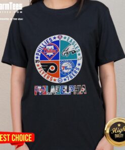 Nice Philadelphia sport teams circle logo featuring Phillies, Eagles, 76ers, and Flyers on a ladies tee.