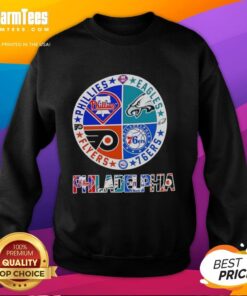 Circle logo sweatshirt featuring Philadelphia Phillies, Eagles, 76ers, and Flyers sport teams in vibrant colors.
