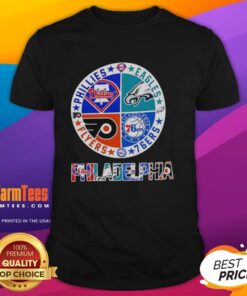 Alt Text: Philadelphia sports teams logo T-shirt featuring Phillies, Eagles, 76ers, and Flyers in a stylish circle design.