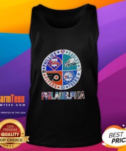 Alt Text: Circle logo tank top featuring Philadelphia Phillies, Eagles, 76ers, and Flyers, perfect for Philly sports fans.