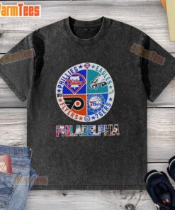 Washed t-shirt featuring a circle logo of Philadelphia sports teams: Phillies, Eagles, 76ers, and Flyers.