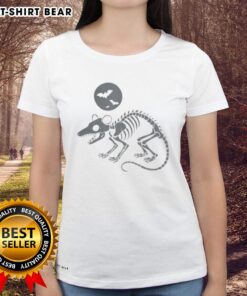 Alt Text: Cute opossum skeleton playing under a full moon with bats, perfect for Halloween ladies' tee design.