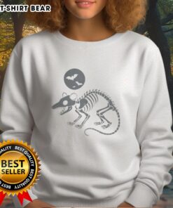 Alt Text: Cute opossum skeleton playing under the moon with bats on a Halloween sweatshirt for festive fall fashion.