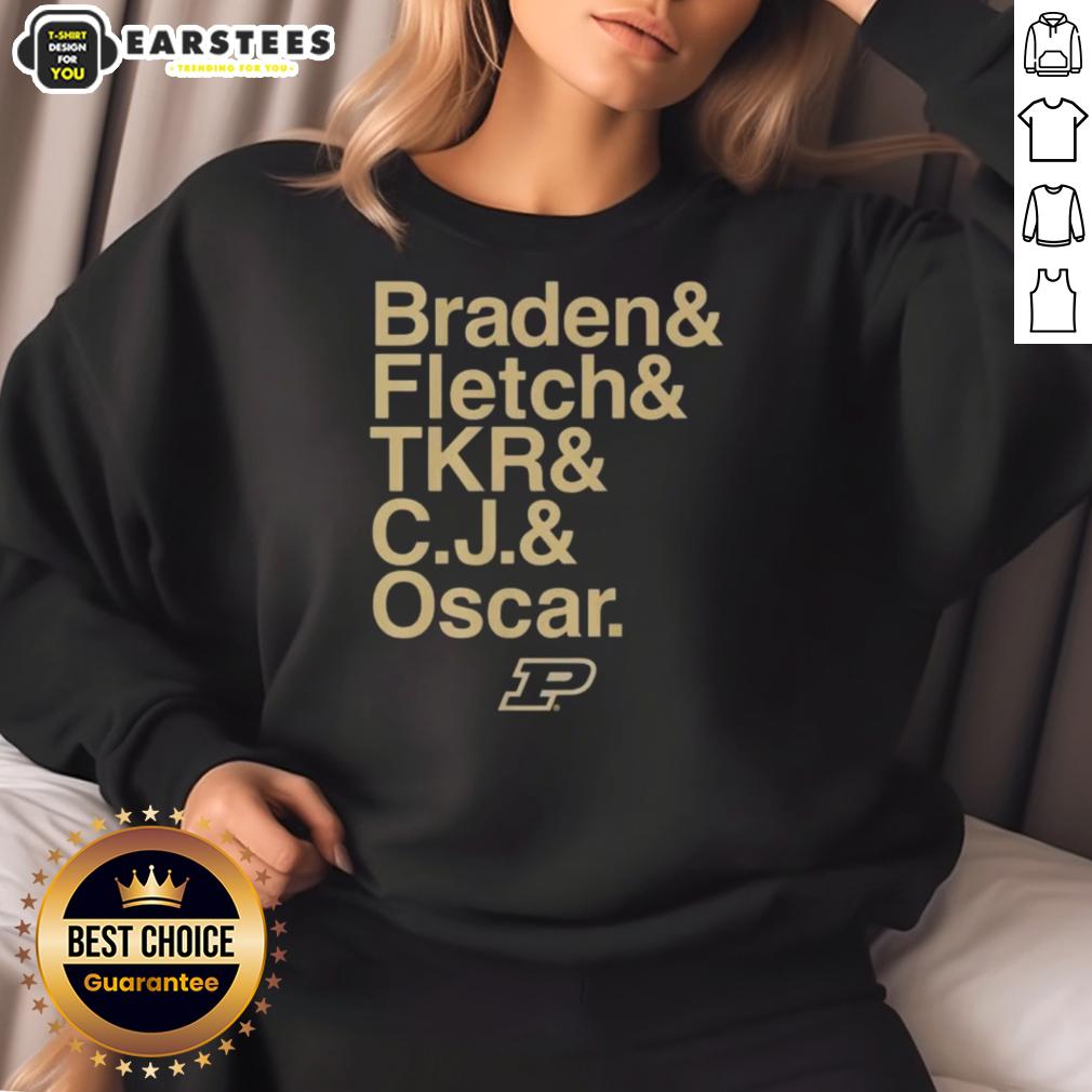 nice-purdue-boilermakers-ampersand-stars-2025-26-braden-fletch-tkr-c-j-and-oscar-sweatshirt Nice Purdue Boilermakers sweatshirt featuring Braden Fletch, Tkr, C.J., and Oscar for 2025-26 season.