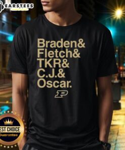 Alt Text: Purdue Boilermakers 2025-26 T-shirt featuring Braden, Fletch, Tkr, C.J, and Oscar with stars and ampersand design.