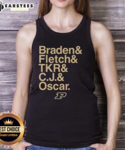 Braden Fletch wearing a Nice Purdue Boilermakers tank top with ampersand and stars design for 2025-26 season.