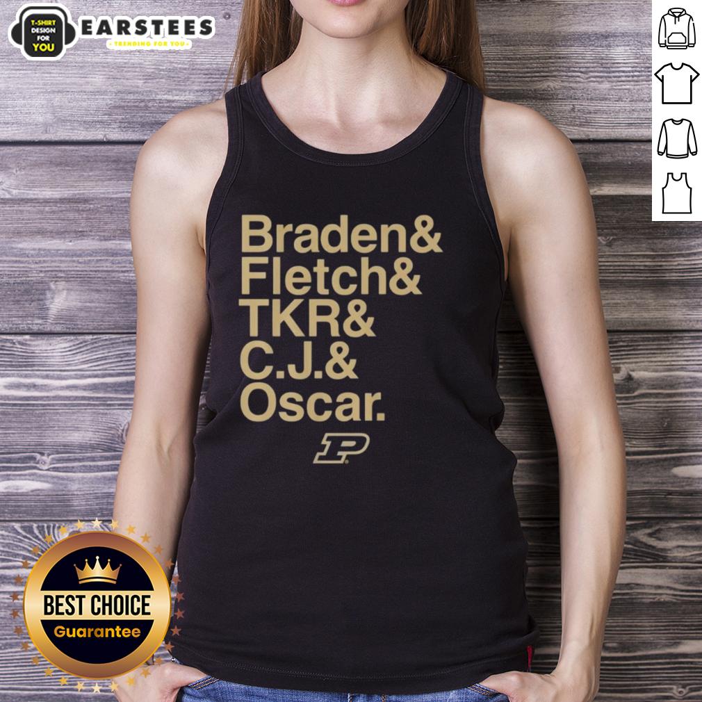 nice-purdue-boilermakers-ampersand-stars-2025-26-braden-fletch-tkr-c-j-and-oscar-tank-top Braden Fletch wearing a Nice Purdue Boilermakers tank top with ampersand and stars design for 2025-26 season.