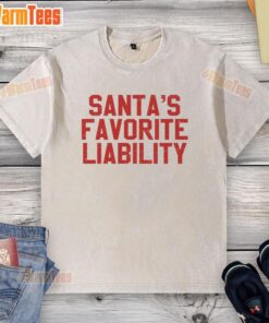 Funny political Christmas washed t-shirt featuring 'Santa's Favorite Liability' design for holiday humor.