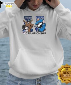 Seattle Mariners vs Toronto Blue Jays 2025 Championship hoodie featuring team mascots in vibrant colors.