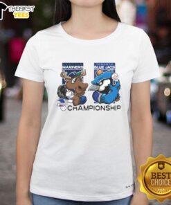Seattle Mariners vs Toronto Blue Jays 2025 Championship ladies tee featuring vibrant team mascots and stylish design.