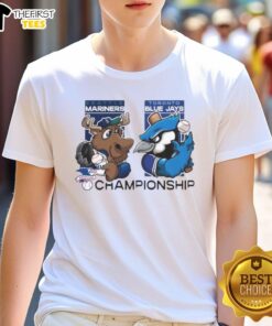 Seattle Mariners vs Toronto Blue Jays 2025 Championship mascot T-shirt featuring vibrant team graphics and colors.