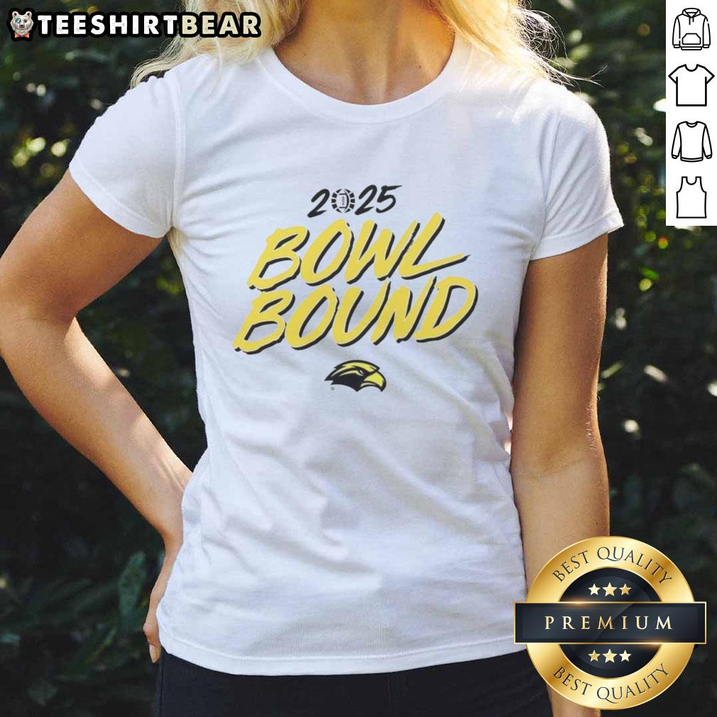 nice-southern-miss-golden-eagles-football-2025-bowl-bound-ladies-tee Alt Text: Nice Southern Miss Golden Eagles Football 2025 Bowl Bound ladies tee featuring team colors and logo design.
